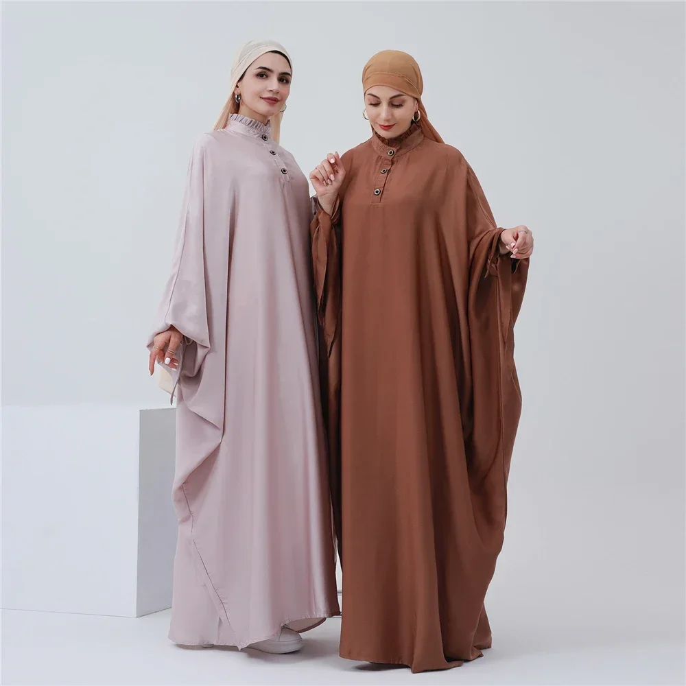 Summer Satin Abaya Oversized Butterfly Sleeve Ruffles Collar Muslim Dress for Women Turk Dubai Kaftan Casual Ramadan Eid Modesty