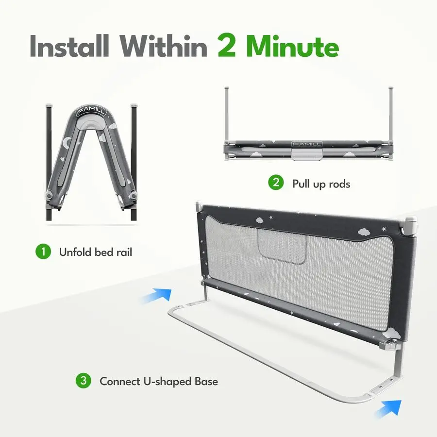 Toddler Bed Rails, QuickAssembly Bed Rails for Toddlers, Foldable Kids Beds Rail for Full Size Bed with UShape Base, Baby Bed Ra
