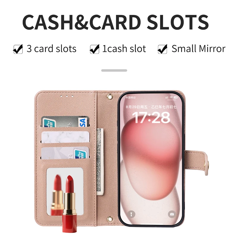 حافظة محفظة شبكية كروس لهاتف آيفون اير 17 برو ماكس 16 بلس 15 برو ماكس 14 برو 13 حافظة جلدية بحزام بطاقات مرآة فتحة نقدية #2