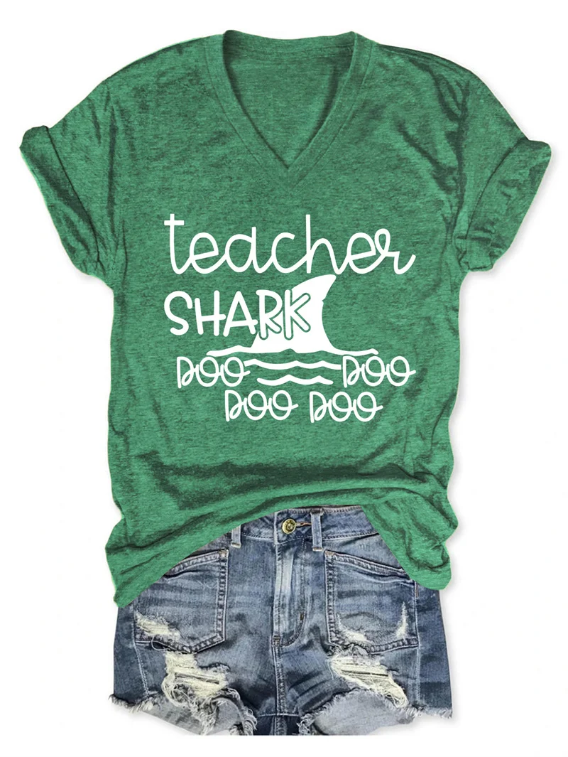 New fashion summer women's cotton teacher shark boo Shark print cute retro V-neck T-shirt short sleeve