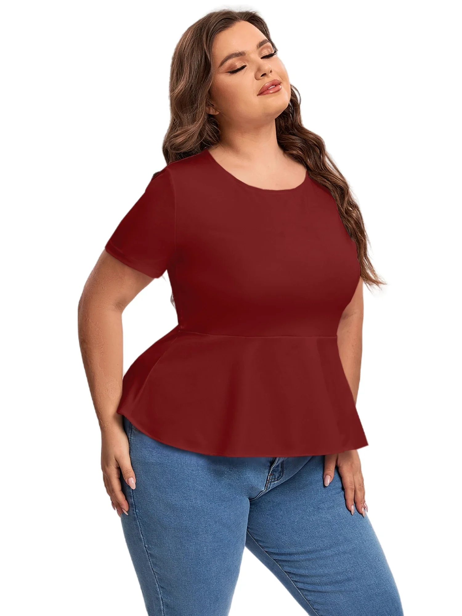 Plus Size Short Sleeve Elegant Summer Peplum Tops Women Keyhole Back Ruffle T-shirt Tee Blouse Plus Size Clothing Women 7XL 8XL