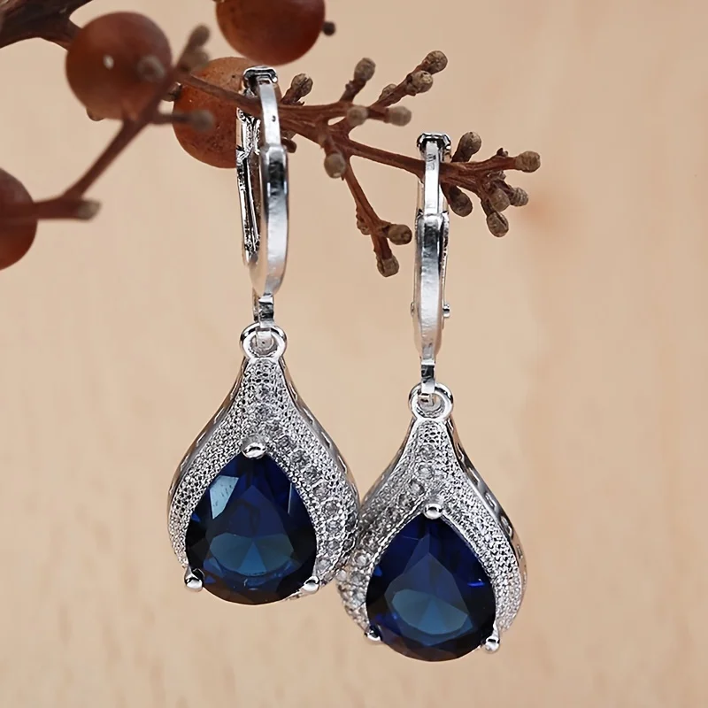 Silver Earrings Pear Shaped Deep Blue Color Inlaid Synthetic Zircon Miniature Crystal Halo Pendant Wedding Party Women's Jewelry