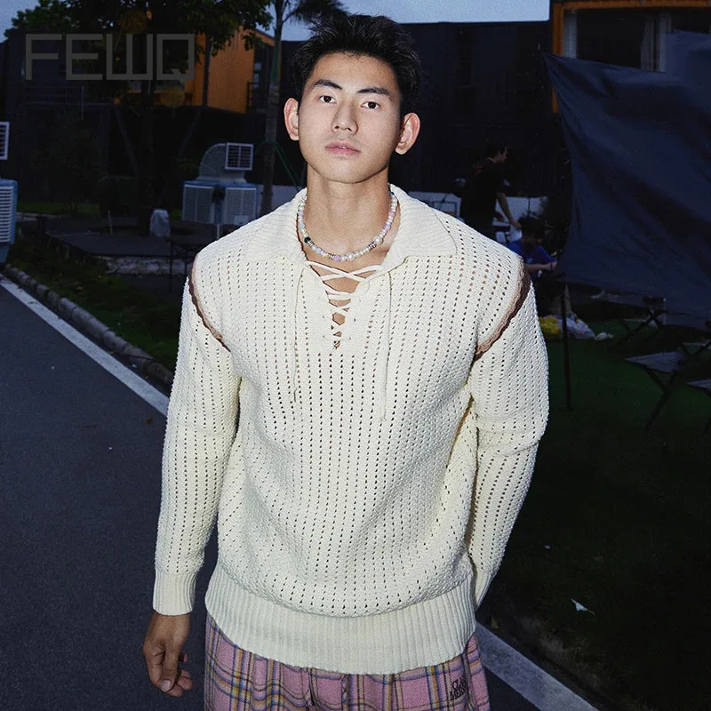 

FEWQ Autumn Knitted Men's Shirt Hollow V-Neck Design Contrast Color Long Sleeve Casual Korea Fashion Male Tops 24E2204