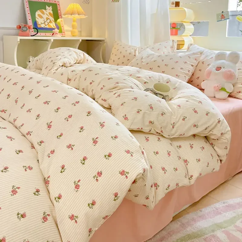 

Fresh Botanical Floral Bedding Set Washed Cotton Bed Linens Single Twin Full Size Quilt Cover Sheet Set for Girls Home Textiles