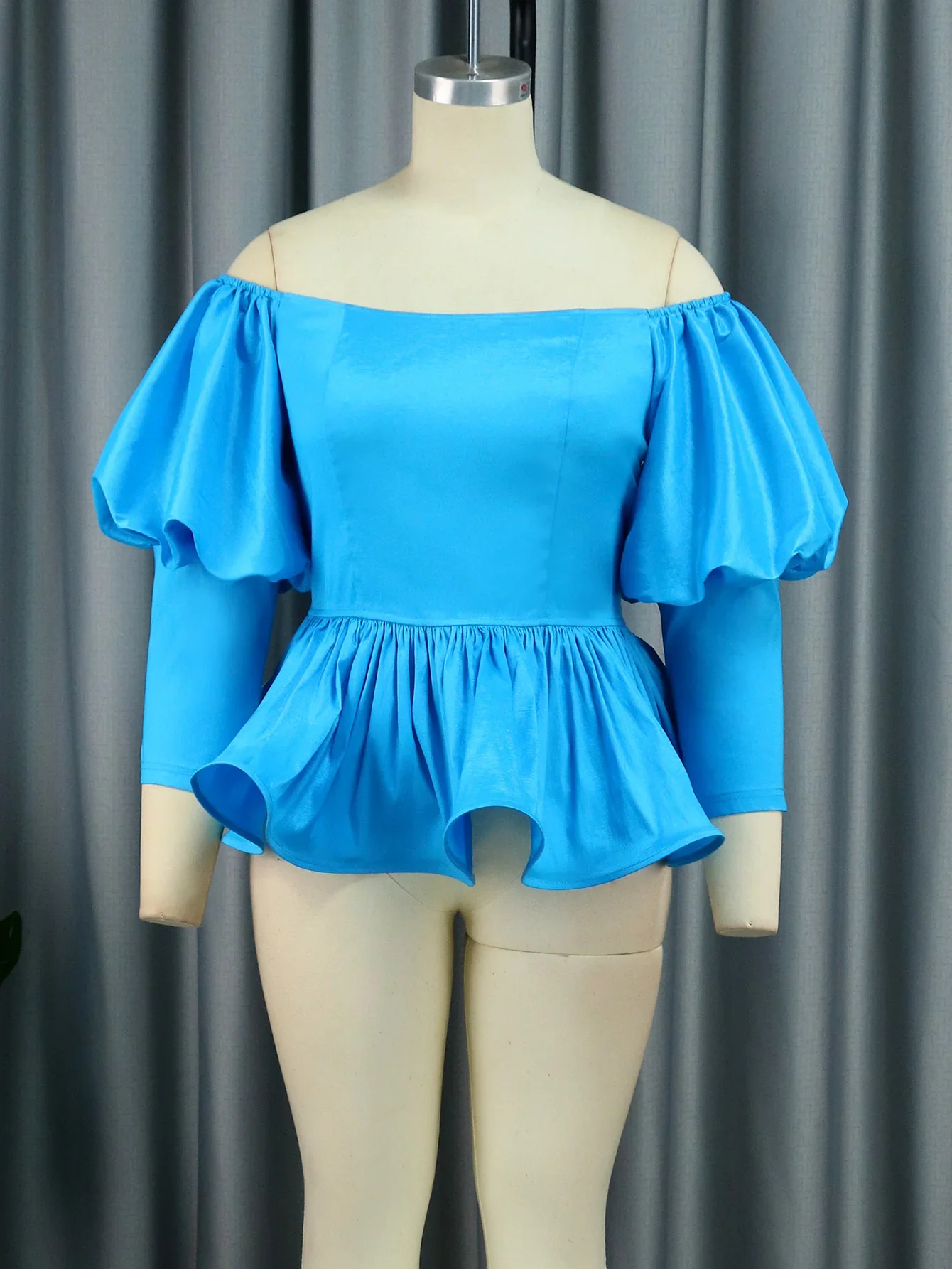 Off Shoulder Blouse Blue Long Lantern Sleeve Shiny Ruffles Birthday Cocktail Event Party Pullover Peplum Tops for Women New 2024