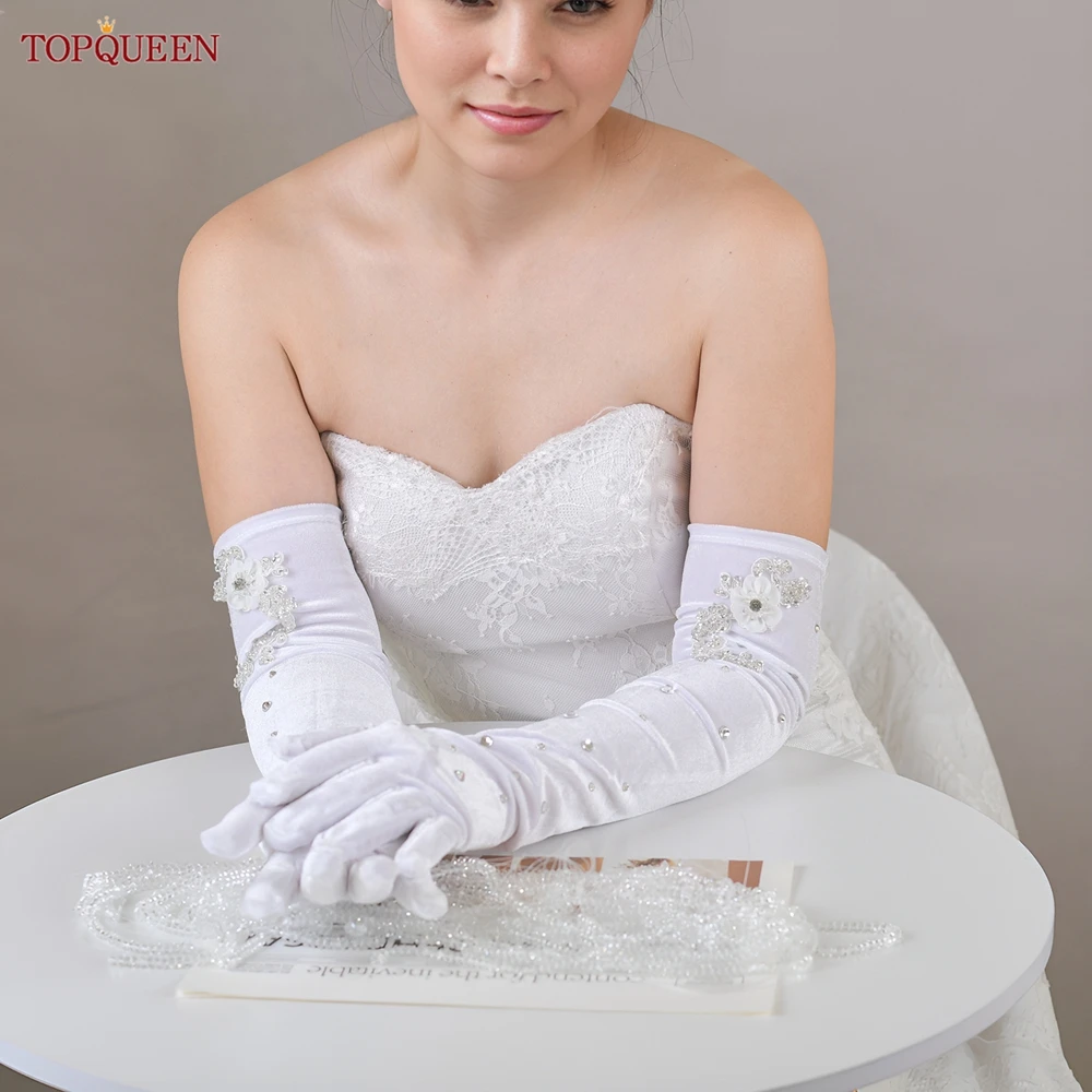 Guantes de boda TOPQUEEN, guantes de novia con cuentas de cristal, guantes largos con flores y perlas 3d, accesorios nupciales hasta el codo T24