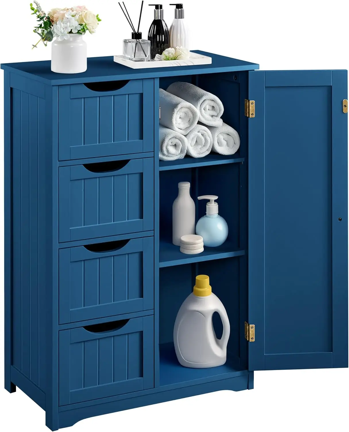 

Wooden Bathroom Cabinet with 4 Drawers & Cupboard, Freestanding Storage Organizer for Entryway, Navy Blue