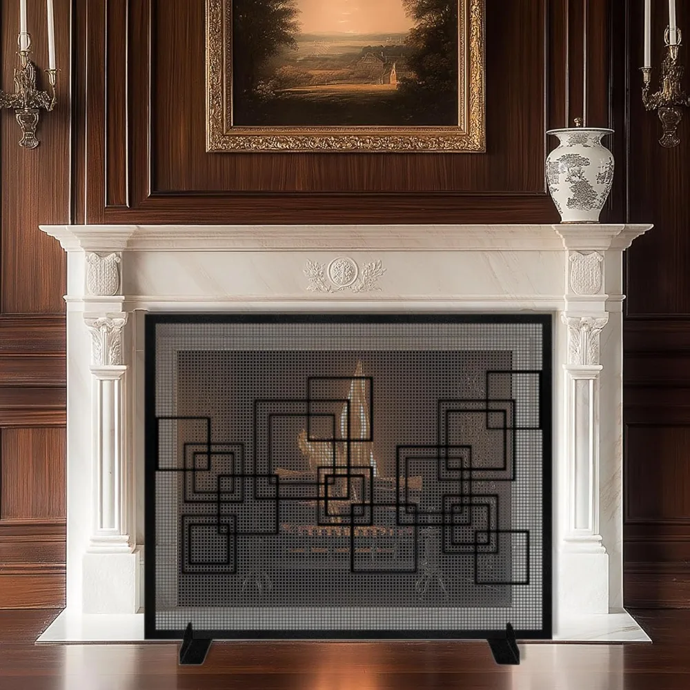 هندسية مربع الموقد شاشة شبكة مجردة المعادن شرارة الحرس غطاء الموقد الأسود بوابة النار سياج لغرفة المعيشة #3