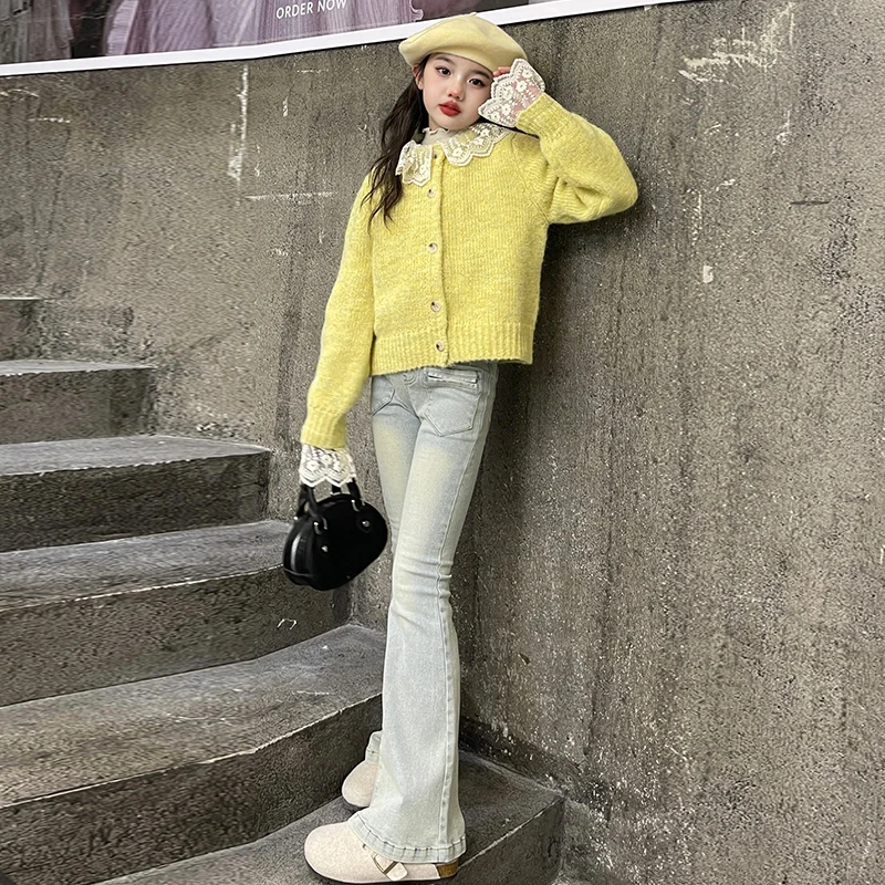 autumn winter teen girls clothes clothes Lace collar sweater cardigan+flared jeans 2pcs junior kids suit child outfits conjunto