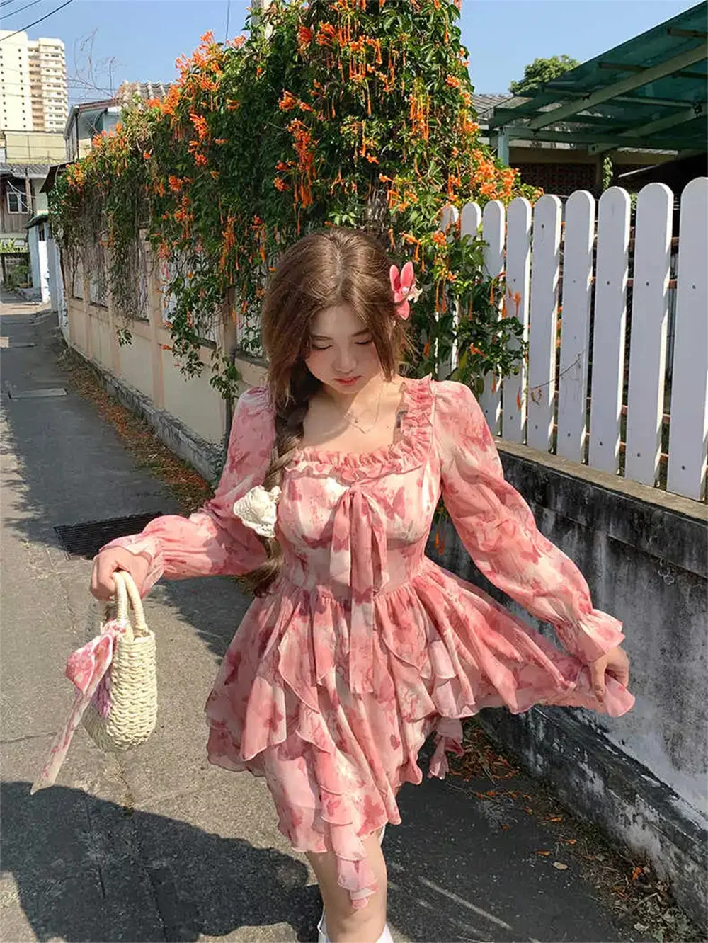 Romantic floral chiffon dress women 2024 spring summer and women's fashion high street new small skirt