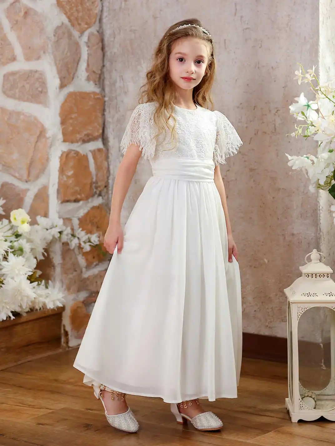 Girls Vintage Chiffon Lace Ruffle Sleeve A-Line Wedding Party Little Bridesmaid Flower Girl Dresses