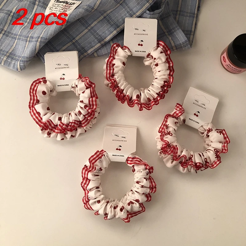 

2 Pcs Women's Hair Scrunchies Set Korean Red Polka Dot Love Bow Lace Cute Sweet Kawaii Hair Ties High-quality Hair Accessories