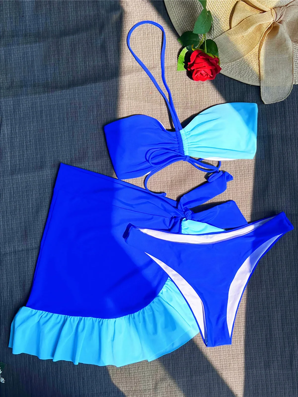 

Splicing With Ruffle Sarong Wrinkle Bikini Female Swimsuit Women Swimwear Three-pieces Bikini set Bather Bathing Suit Swim K3889