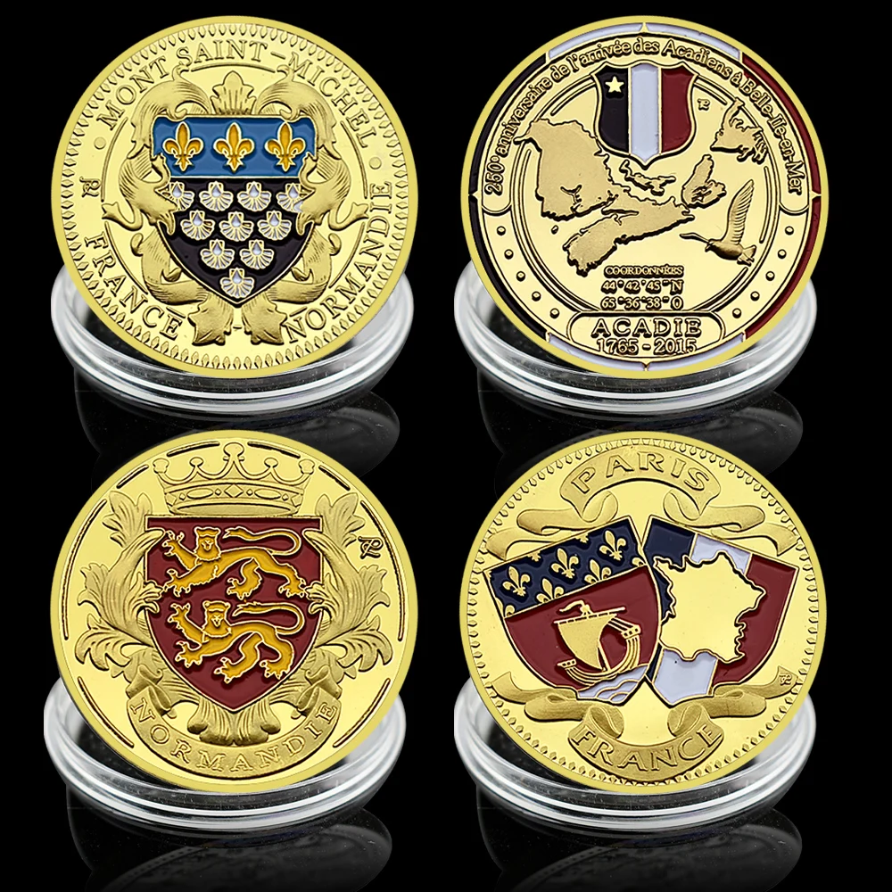 4PCS France Region Commemorative Coins – Mont Saint Michel, Acadia, Grasse & Paris – Historic Travel Gift Set