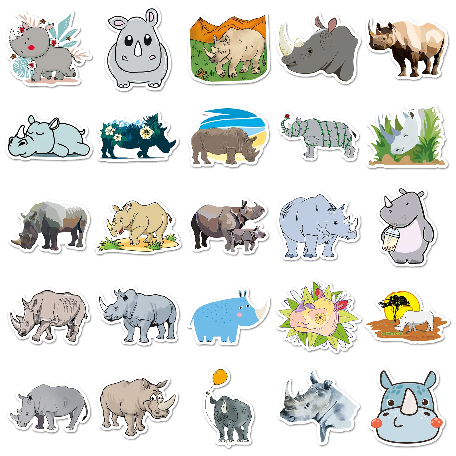 

50PCS Rhino Graffiti Stickers Cartoon Animals DIY Materials Can Decorate Laptop Luggage iPad Waterproof Stickers Kids Toy