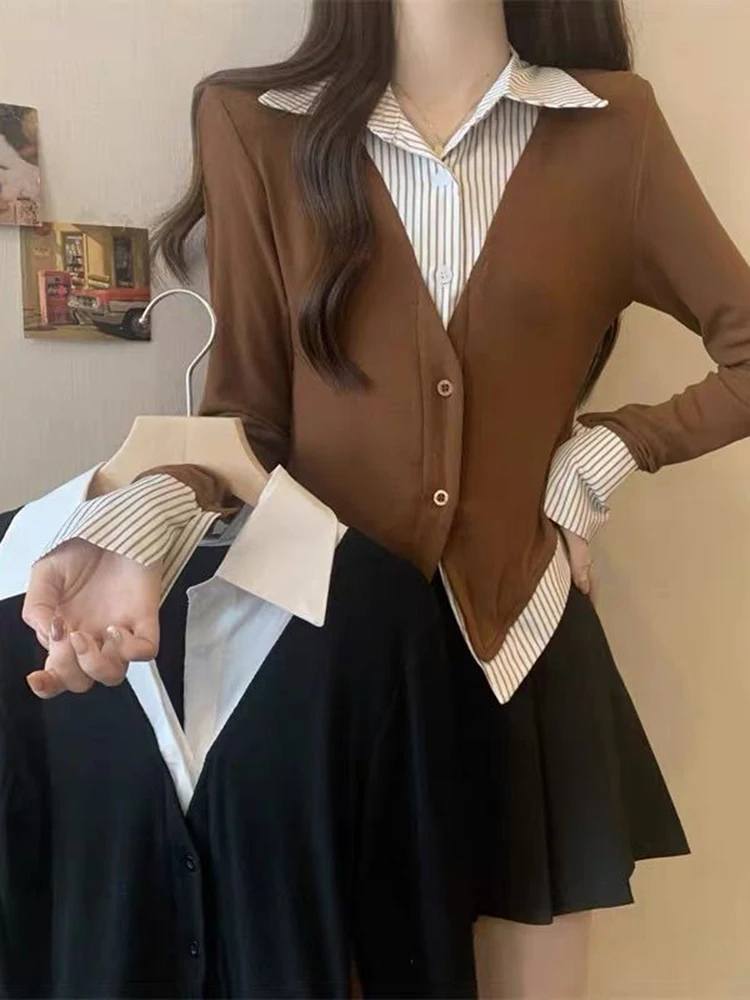 

plus Size Women's Slimming Patchwork Long Sleeve Shirt Spring Autumn Belly Covering Fake Two-Piece Waist Cinching Top