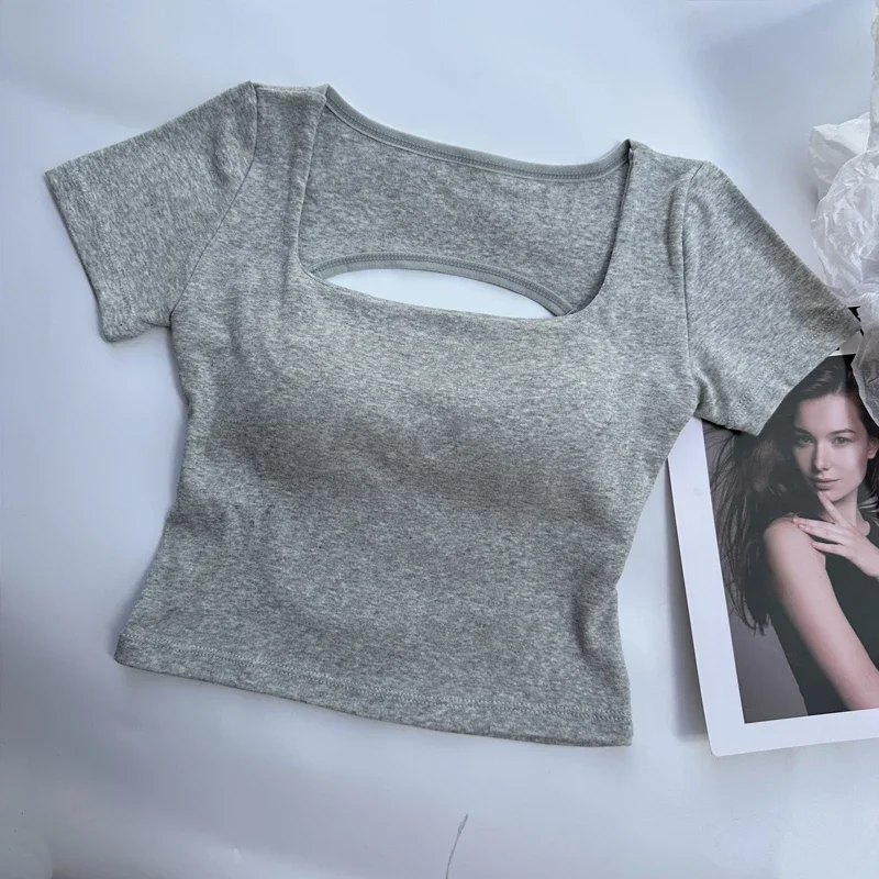 Women's Square Neck Backless Crop Top, Short Sleeve with Built-in Bra for Summer & Daily Streetwear One Size