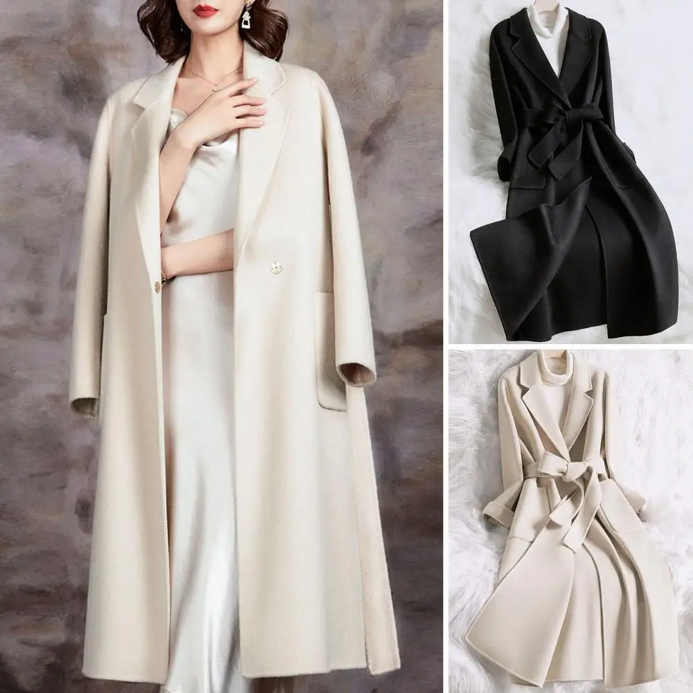 

Mid-length Coat Stylish Women's Mid-length Woolen Coat with Lapel Pockets Belt Autumn Winter Fashion Outwear in Solid Color Full