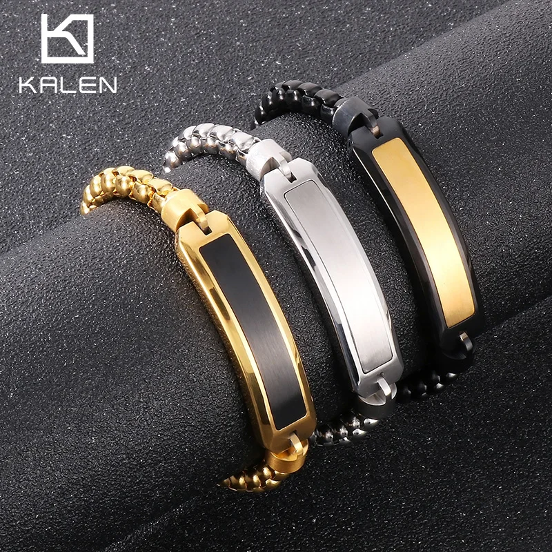 KALEN Minimalist ID Tag Bracelets for Men High Polished Stainless Steel Blank Chain Wrist Bangle Male Gentleman Business Gift