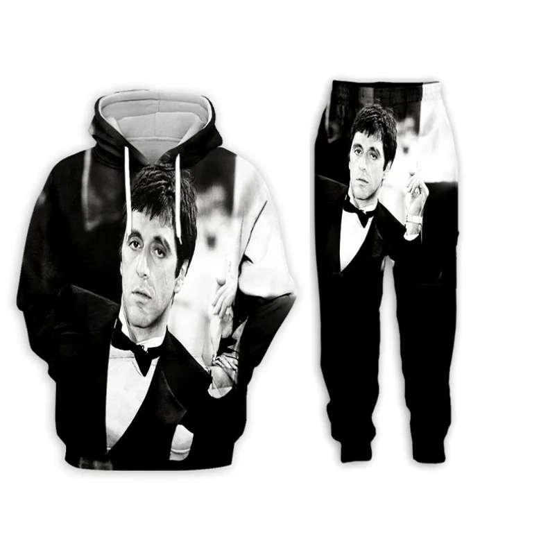 Film Scarface 3d Geprint Hoodie Broek Set Trainingspak Heren Hiphop Kleding Pak Herfst Winter Casual Kids Capuchon Sweatshirts