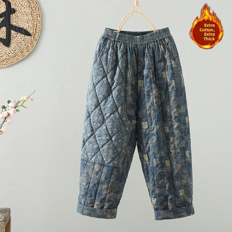 Winter Thiened Große Blume Drucken Ethnische Sle frauen Lose Breite Bein Hosen Baumwolle Hosen plus Größe Faion Mama Tragen