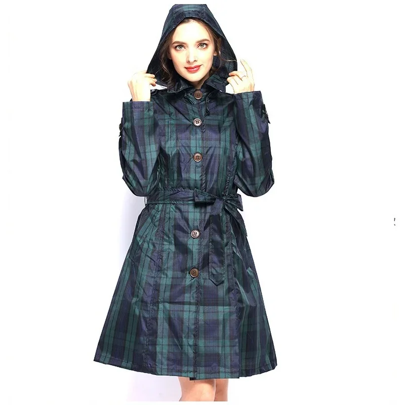 Womens Stylish Long Green Grid Rain Poncho Waterproof Raincoat Jacket Coat with Hood and Belt