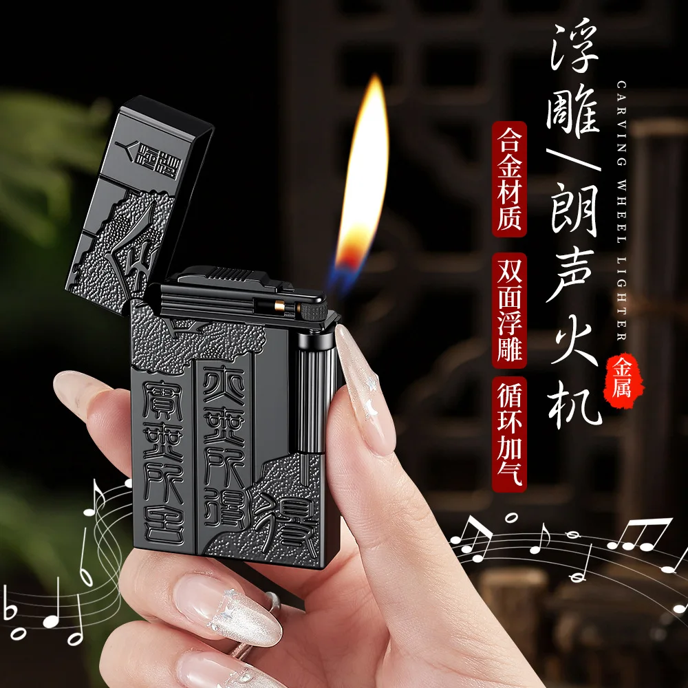 Exquisite Carving Grinding Wheel Inflatable Lighter, Open Flame Oblique Flame, Loud Sound Fire Machine, Personalized Creativity