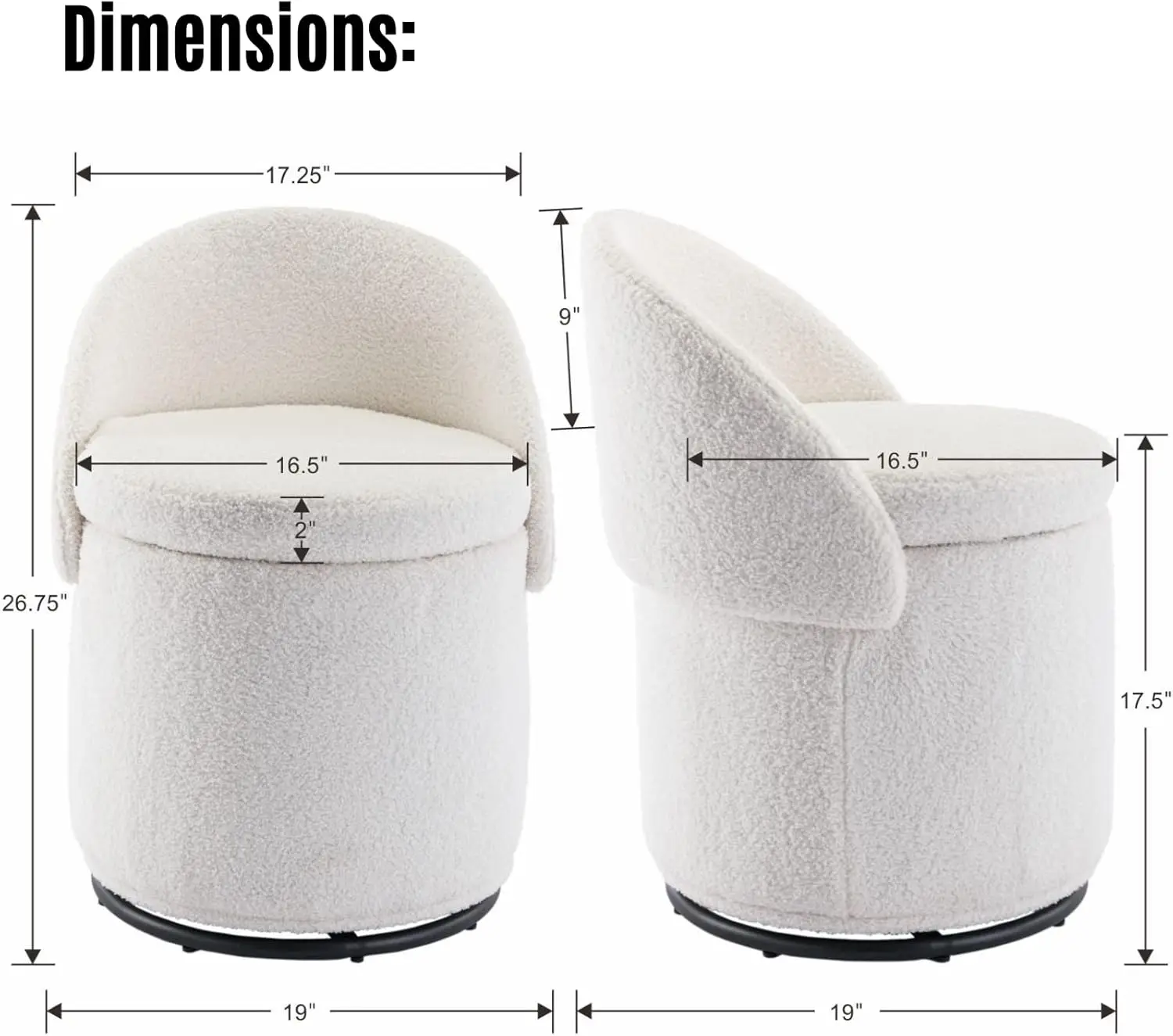 Sherpa Makeup Ottoman with Storage, Upholstered 360° Swivel Vanity Stool with Foldable Backrest Modern Cylindrical Footrest Stoo