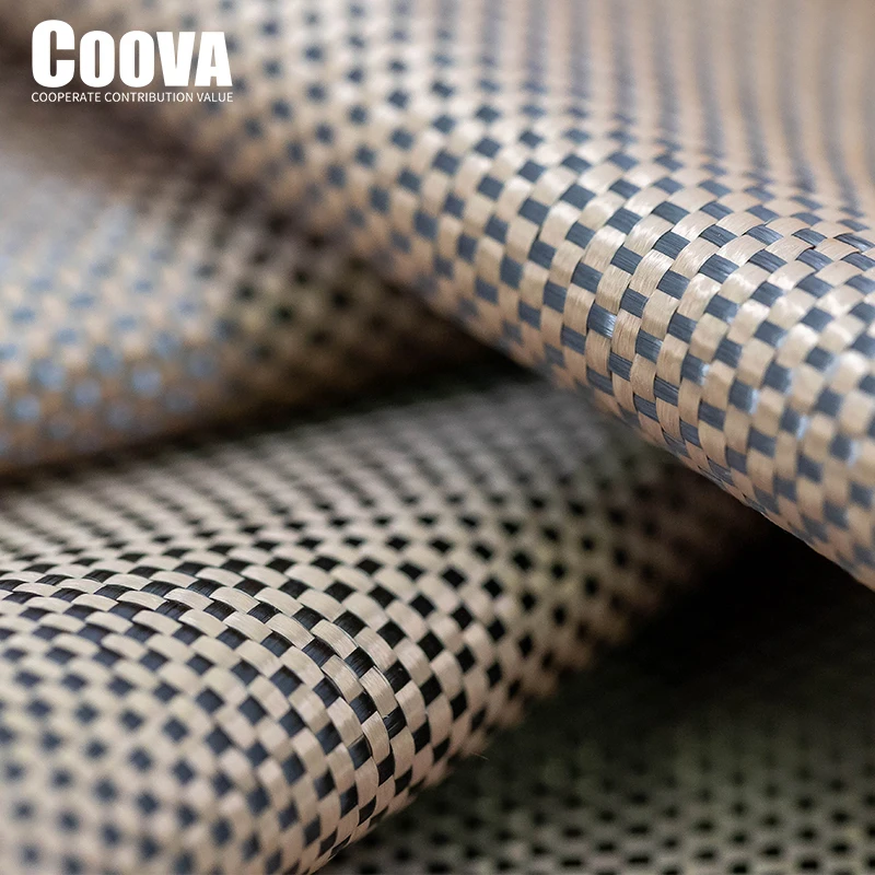 F216 COOVA 3K Golden Kevlar & Carbon Fiber Fabric Plain Pattern Tela Fibra De Carbono Kevlar Fabric Jacquard Lotes Al Por Mayor