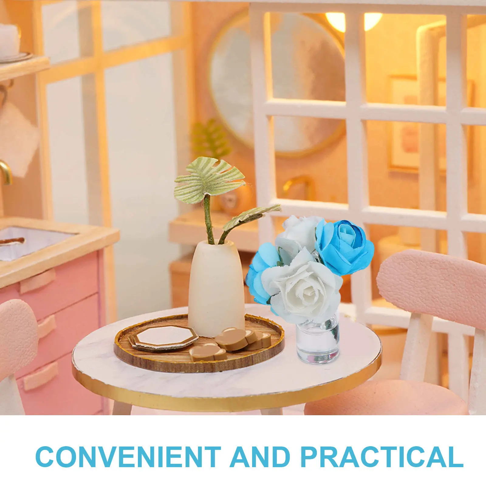 

4Pcs Miniature Flower Vase Dollhouse Pink Rose Artificial Flowers Mini Bud Glass Vase Home Decor Miniature Garden Accessories