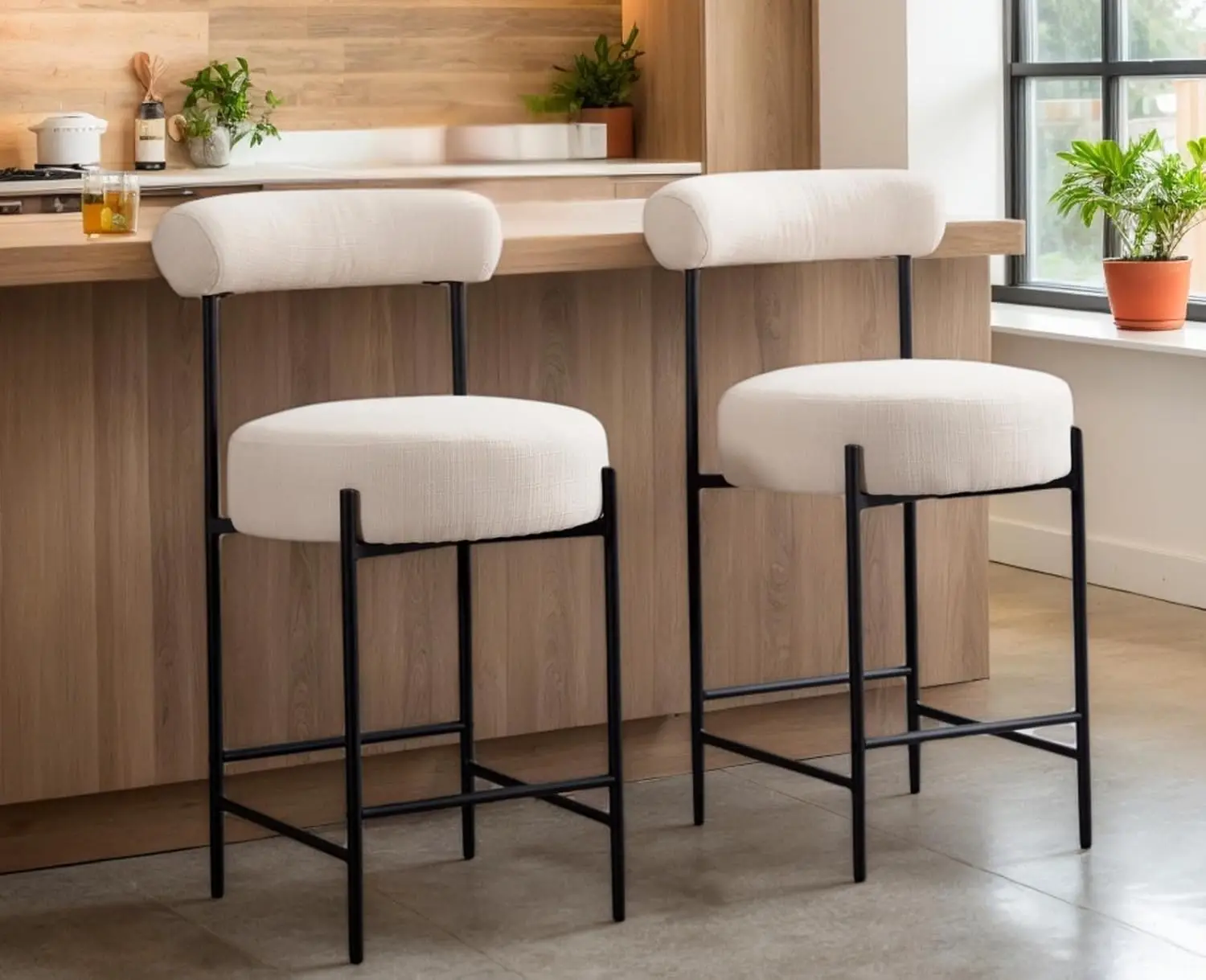

Cream Counter Height Bar Stools Set of 2, 26 Inch Modern Bar Chairs with Open Backs Kitchen Island Barstools with Black Metal Le