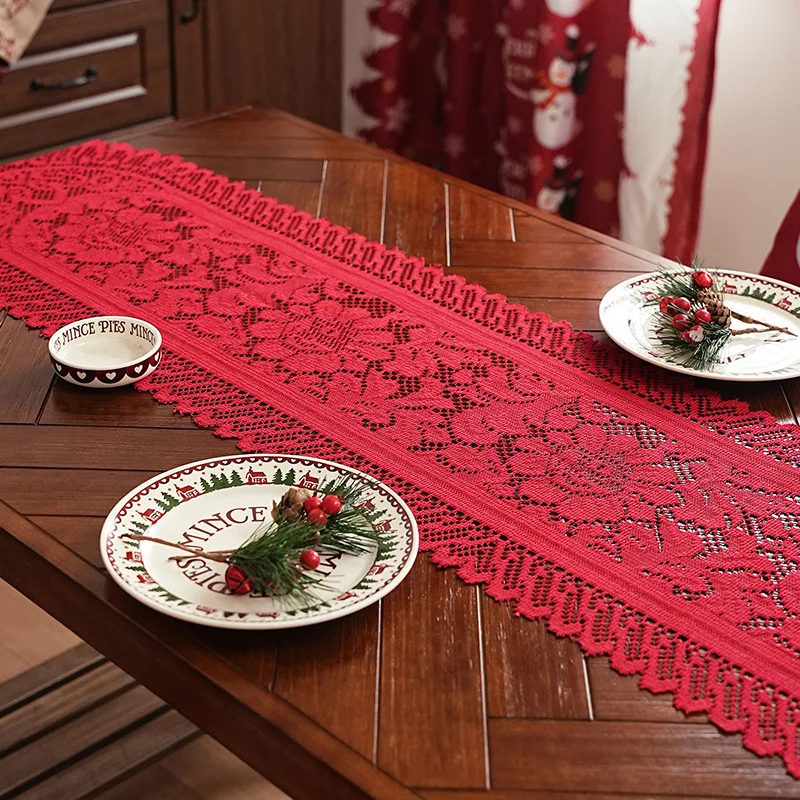 American Style Lace Table Runner Christmas Red Festive Holiday Party Dining Table Coffee Table Decorative Table Mat