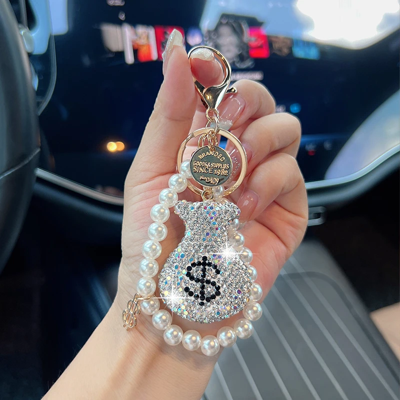 Creative Dollar Purse Car Key Chain Fashion Dollar Accessory Bag Pendant Exquisite Pearl Chain Gift