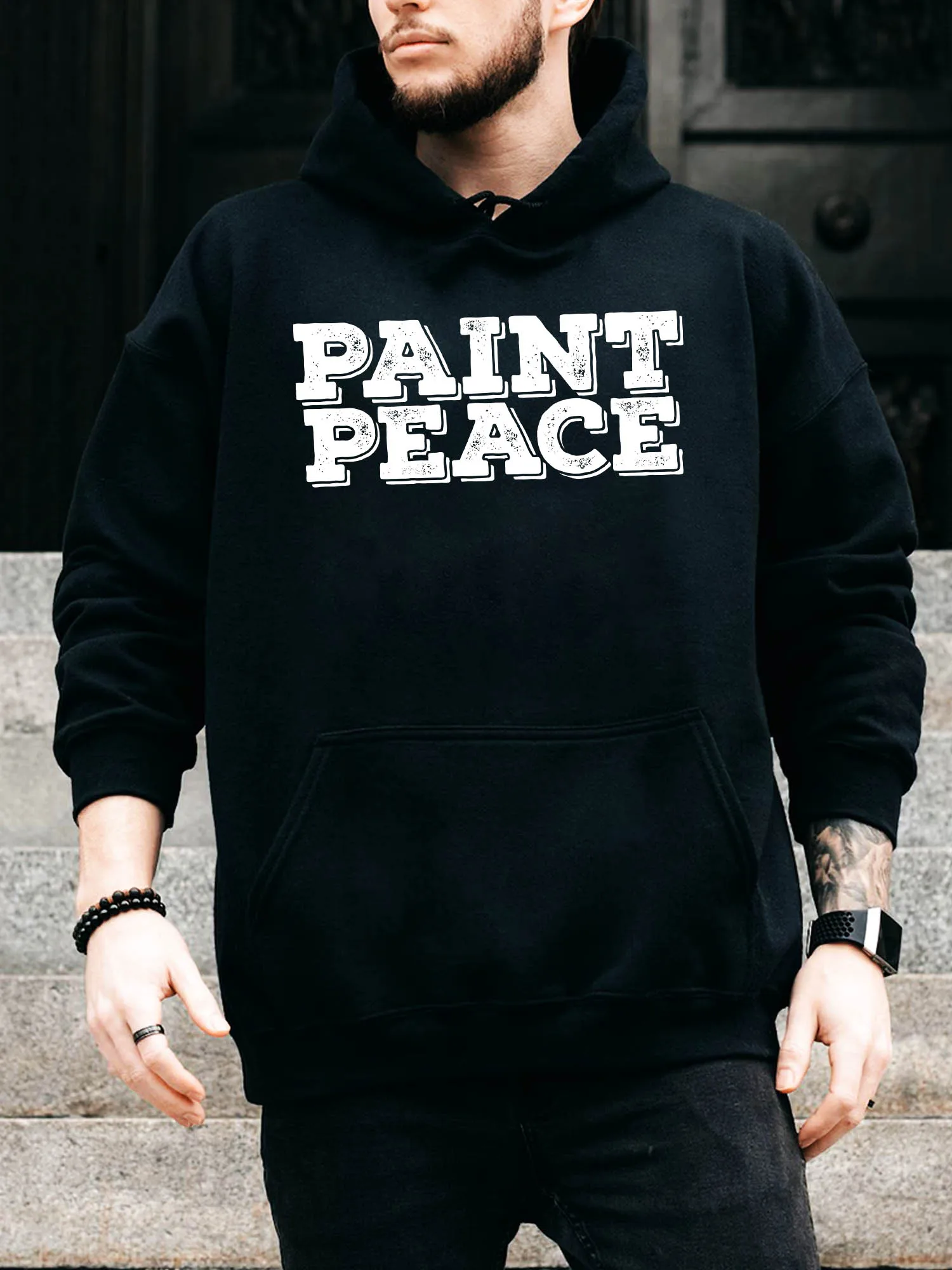 

Paint Peace Men's Drawstring Hoodie - Casual Comfortable Black Pullover, Fall & Winter Hooded Sweatshirt