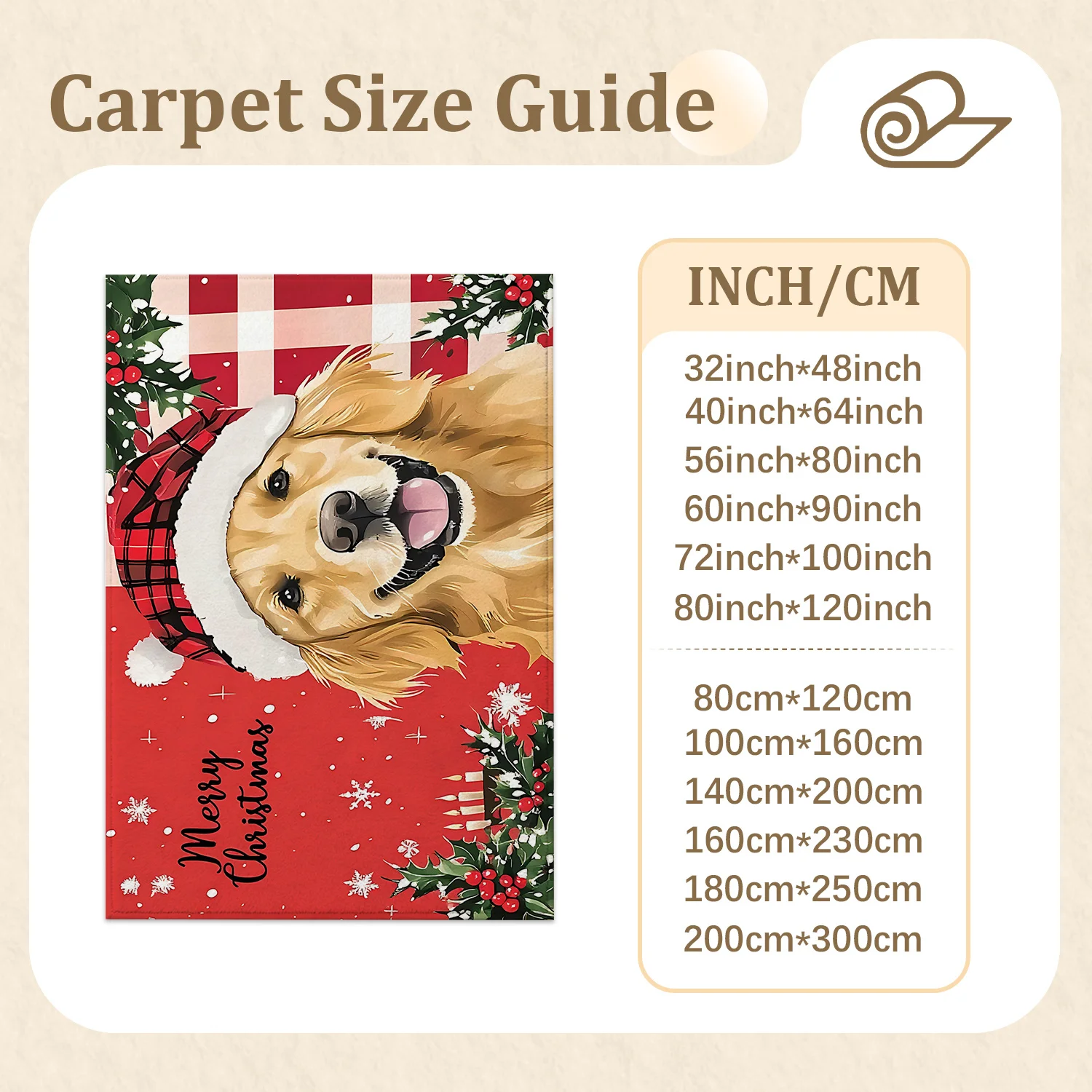 Large Indoor Area Rug, Soft Velvet Low Pile Non-slip Machine Washable, Christmas Golden Retriever Red Plaid Holly Pattern for Living Room Bedroom Holiday Home Decor