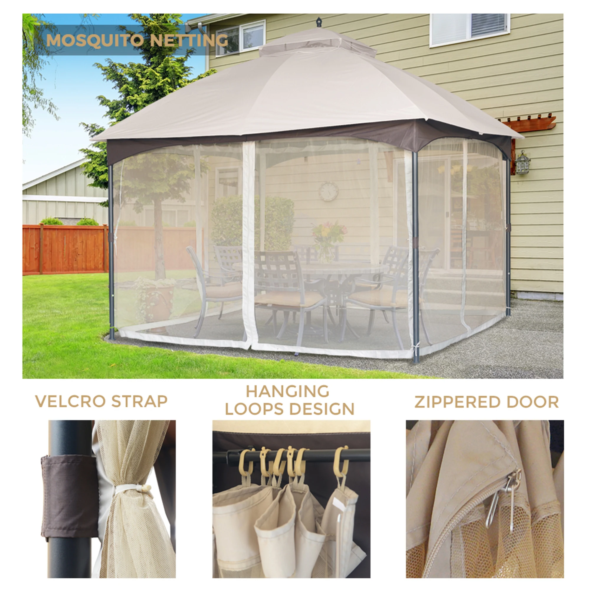 10 ft. x 12 ft. Beige Soft Top Steel/Metal Outdoor Patio Gazebo for Shade and Rain with Mosquito Netting, Waterproof Soft Top