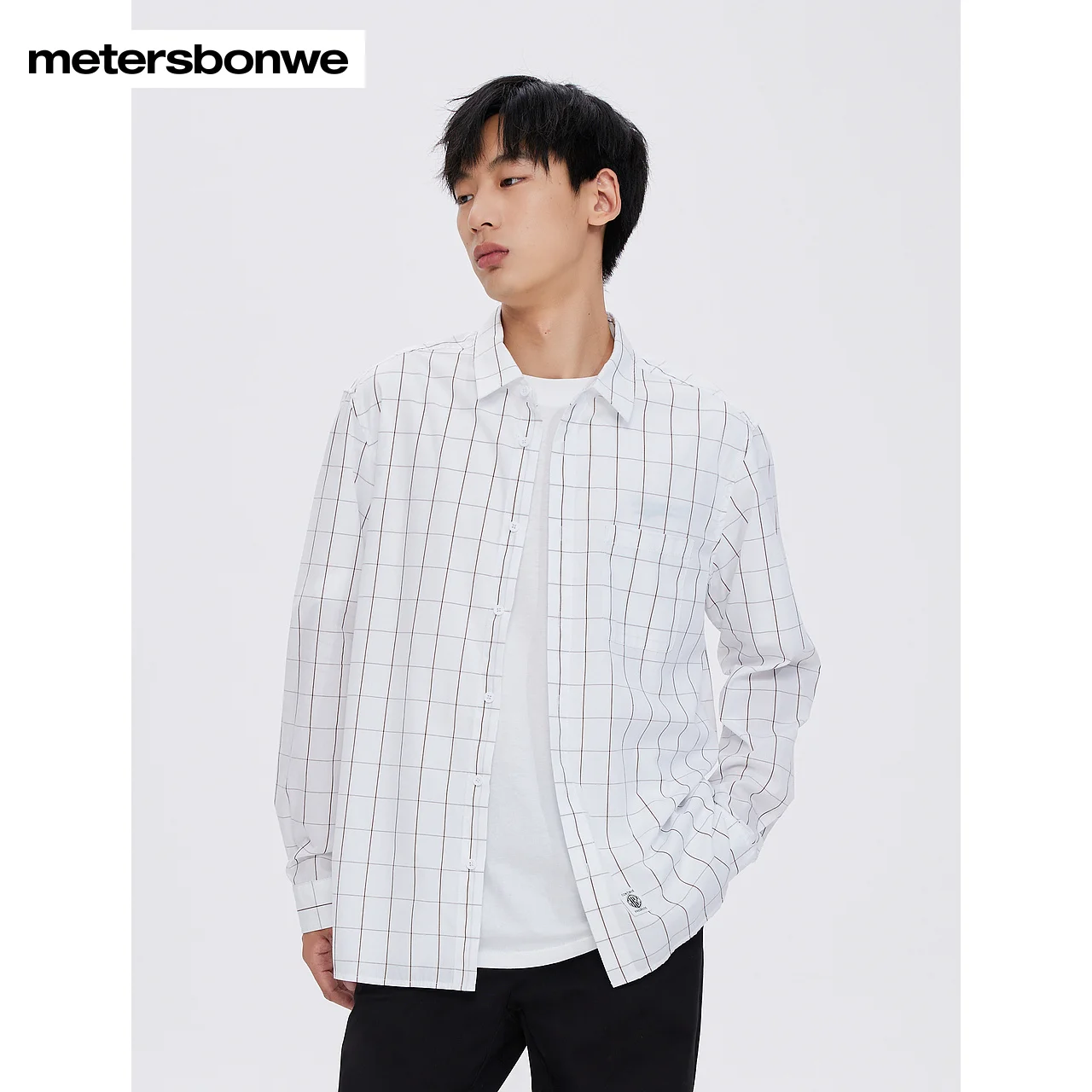 

Metersbonwe-Men's Long Sleeves Shirt 100%Cotton Classic Square Plaid Regular Fit Business Commute Casual Spring Autumn