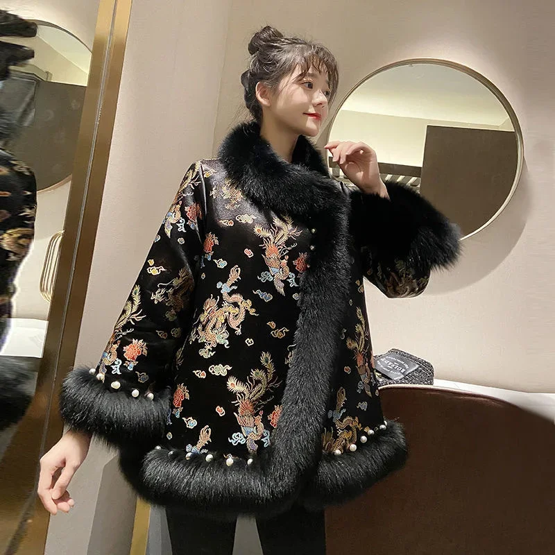 Female Coat Winter Faux Fur Chinese Style Harajuku Mid-length Beading Tang Suit Cloak Women Jacket Warm Elegant Vintage 2024 New