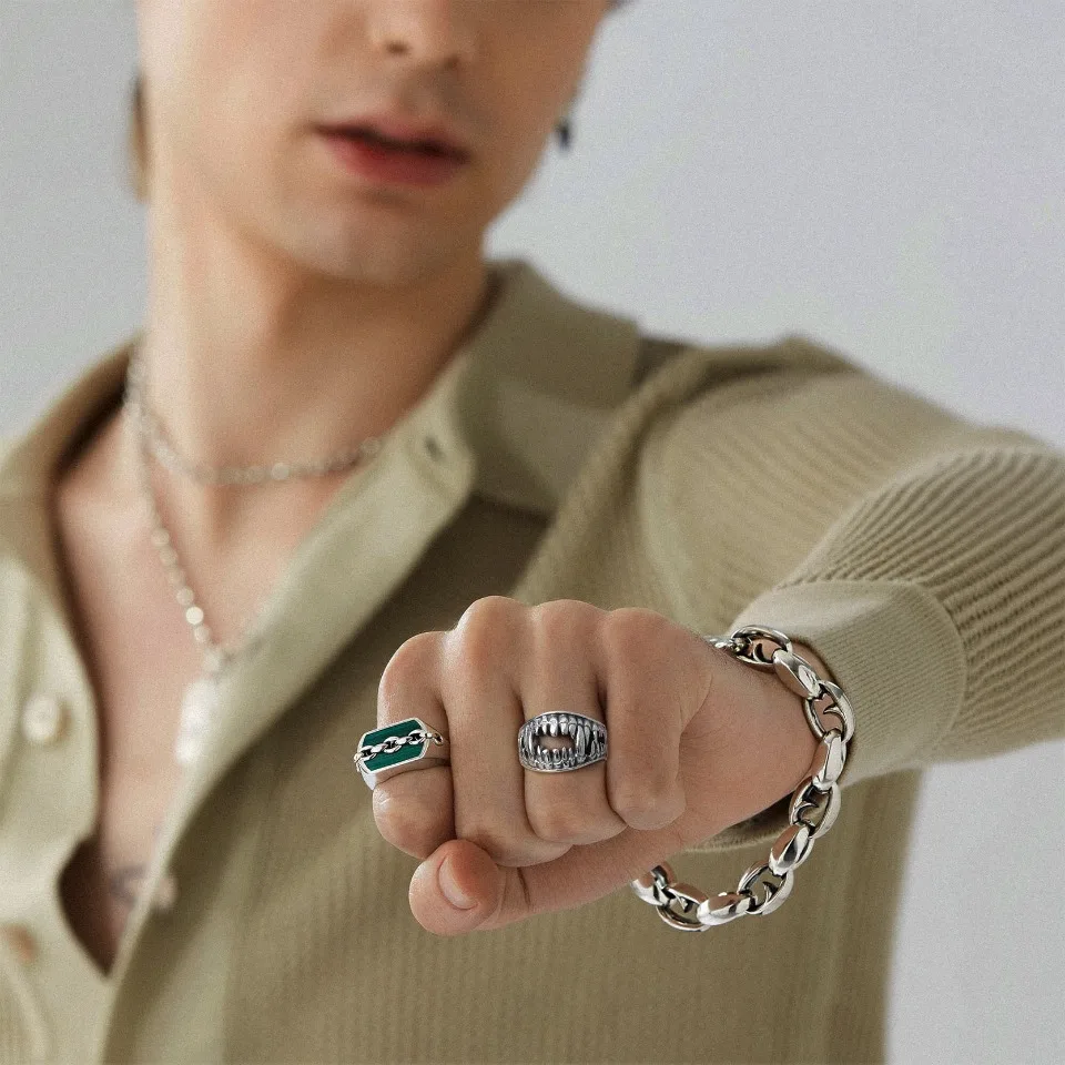 U7 Stainless Steel Double Sides Teeth Rings for Man Woman Manmade Vintage Effect Size 7-14 Gothic Punk Cool Jewelry Gift