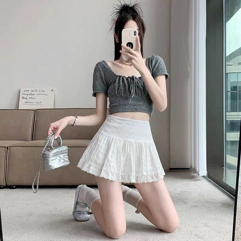 

Mini Skirts Women Pleated Lace Patchwork Summer Korean Fashion High Waist All-match A-line Solid Fairy Simple Faldas Y2k Chic