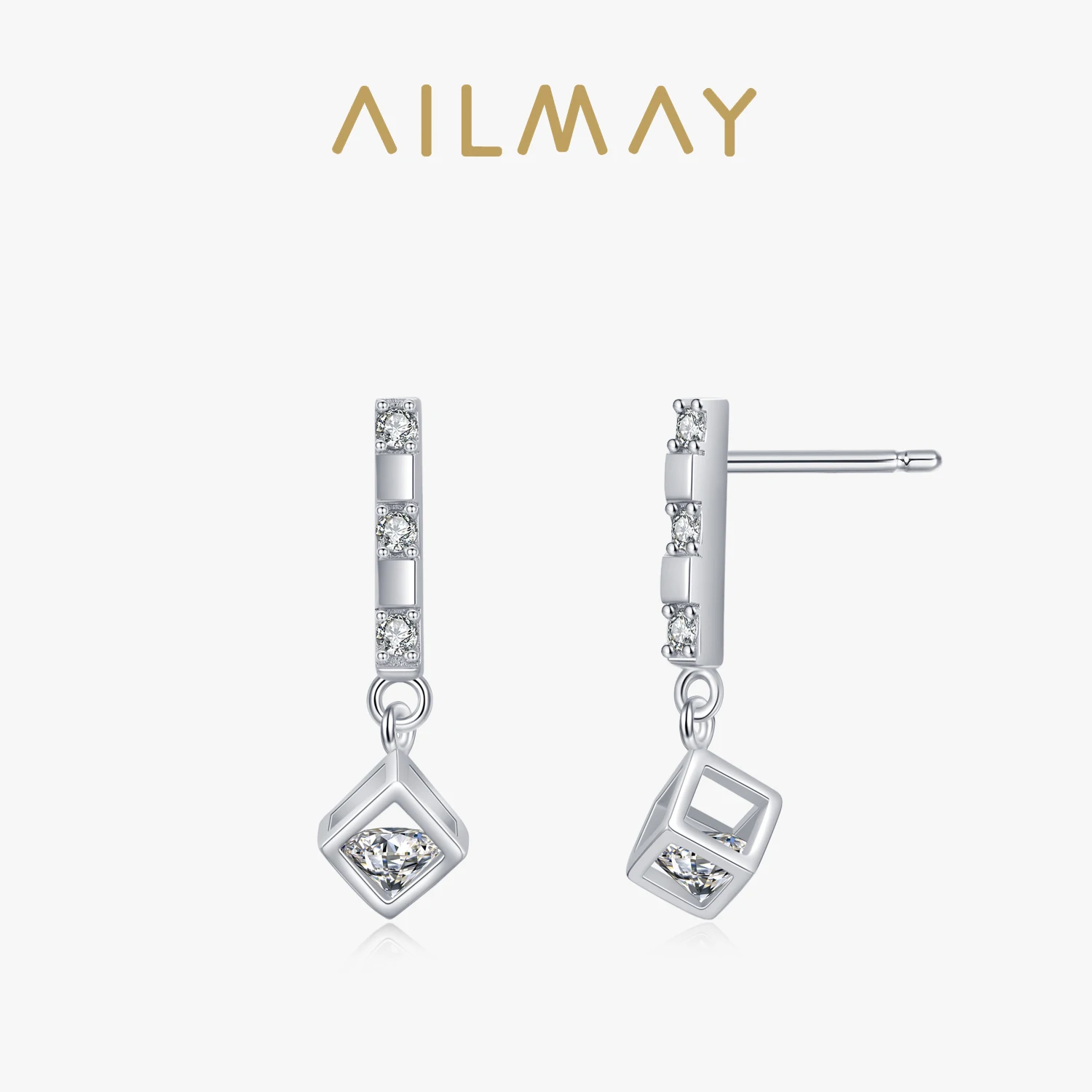 Ailmay Real 925 Sterling Silver Classic Swing Sparkling CZ Dangle Ear Drop Earrings For Women Wedding Engagement Jewelry Gift