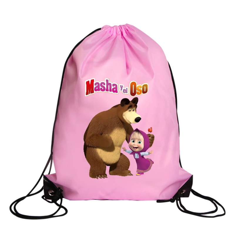Mashas and The Bears Drawstring Backpack Cartoon Character Print Polyester Handbags Kawaii Portable Large Capacity Storage Bags
