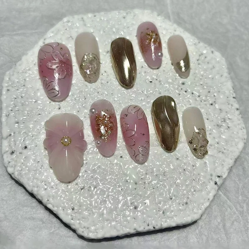 10 stuks elegante en prachtige handgemaakte pers op nagels blush perzikbloesem golflijnen nepnagels verwijderbaar en herbruikbaar