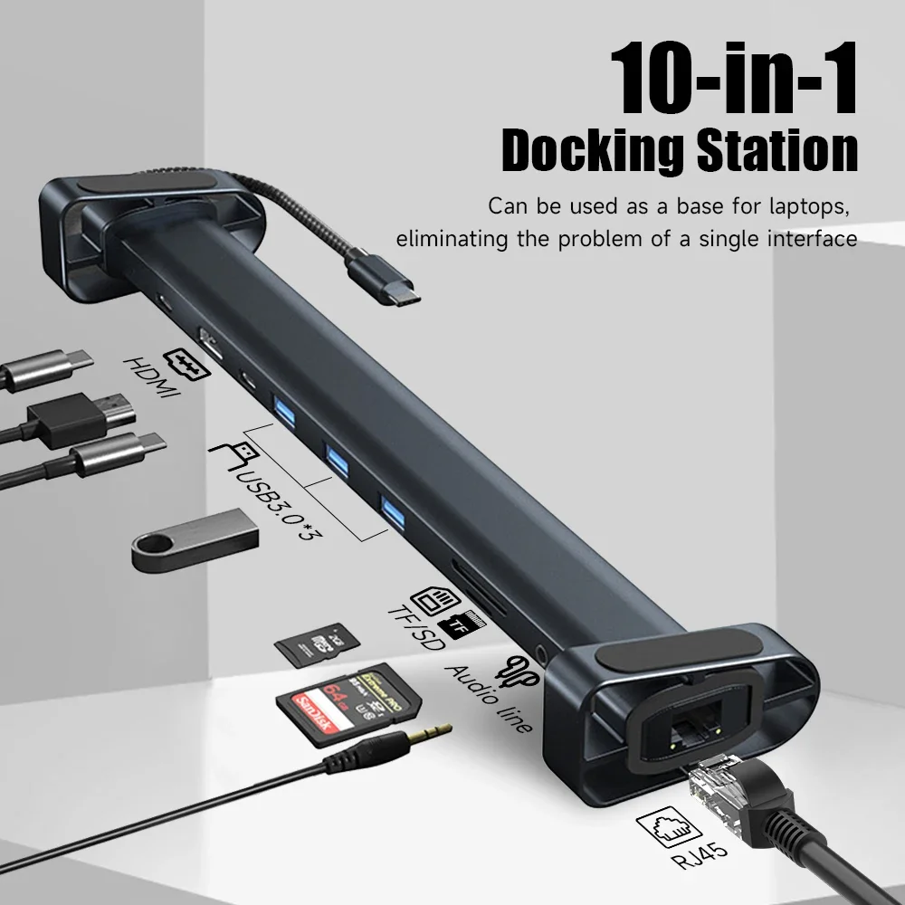 USB C Hub Multiport Adapter 10 in 1 Portable Dongle 4K HDTV PD 100W USB 3.0 Gigabit EthernetDocking Station Laptop Stand