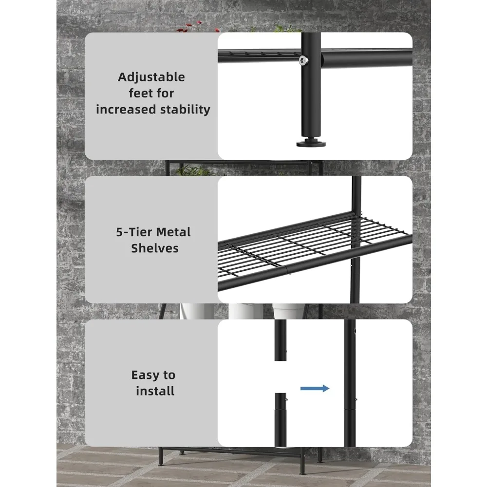 Estante de metal para plantas de interior, estante alto para plantas, estante grande impermeable para plantas, puede contener múltiples macetas, negro, 5 capas