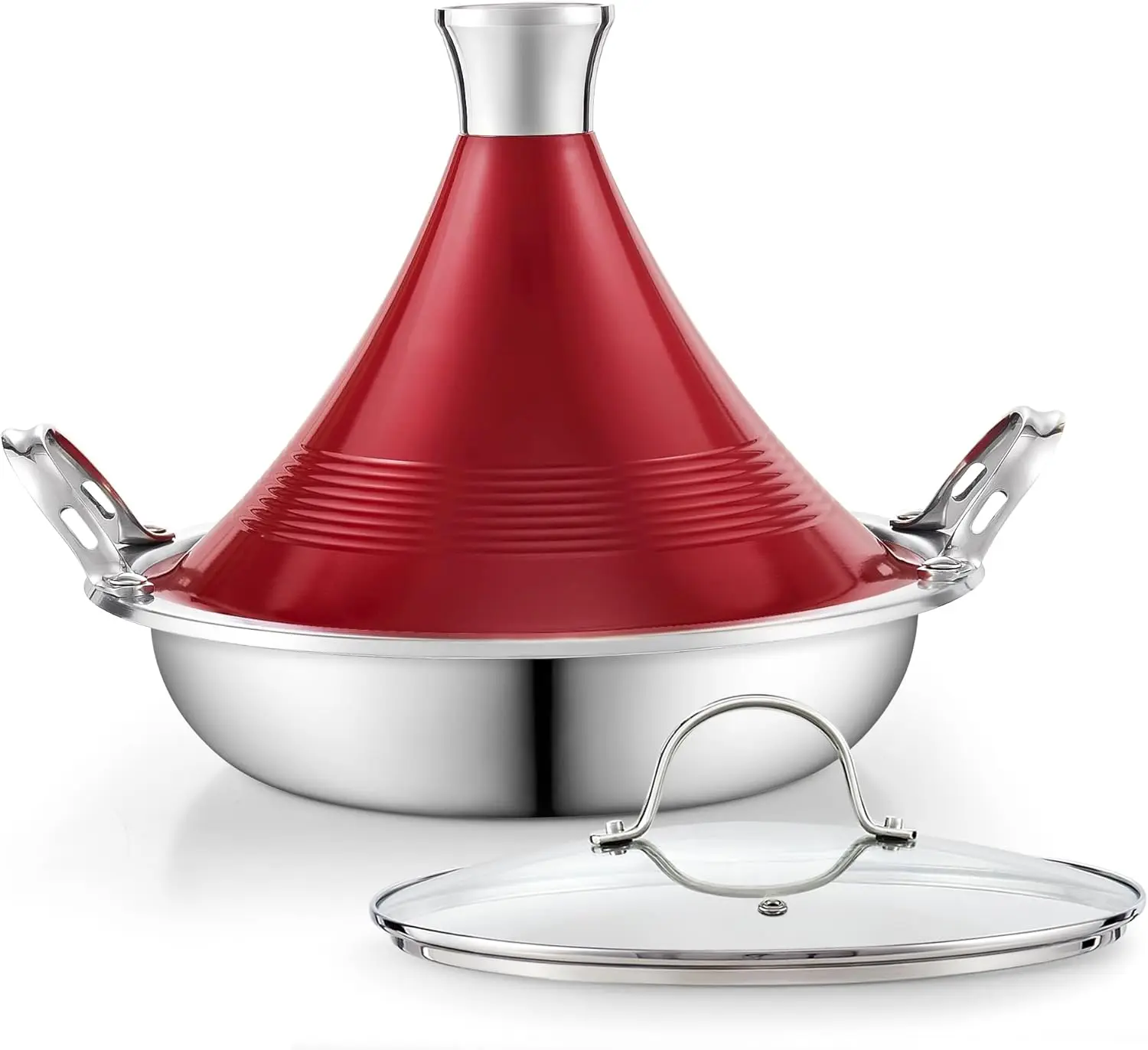 

Moroccan Tagine Pot 3.6 Qt, 11 Inch Stainless Steel Pan with Dual Handles & Glass Lid for Slow Cooking