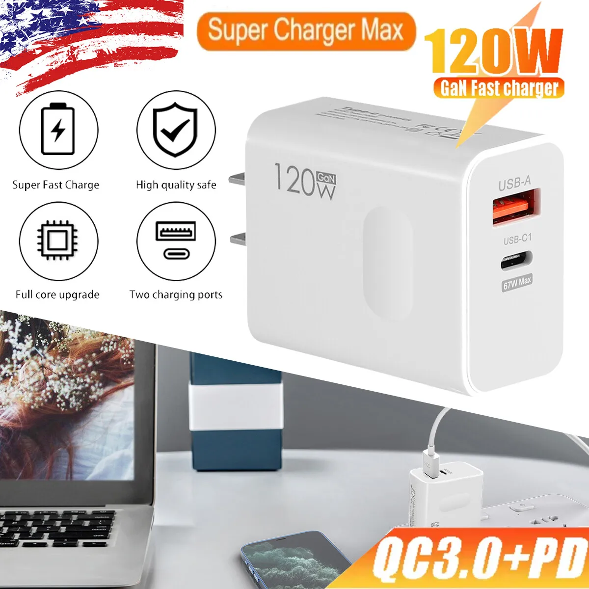 120W GaN Fast Charger PD USB C Wall Charger Adapter 3 Port For iPhone 14 13 12 Samsung Android Laptop MacBook Universal Travel