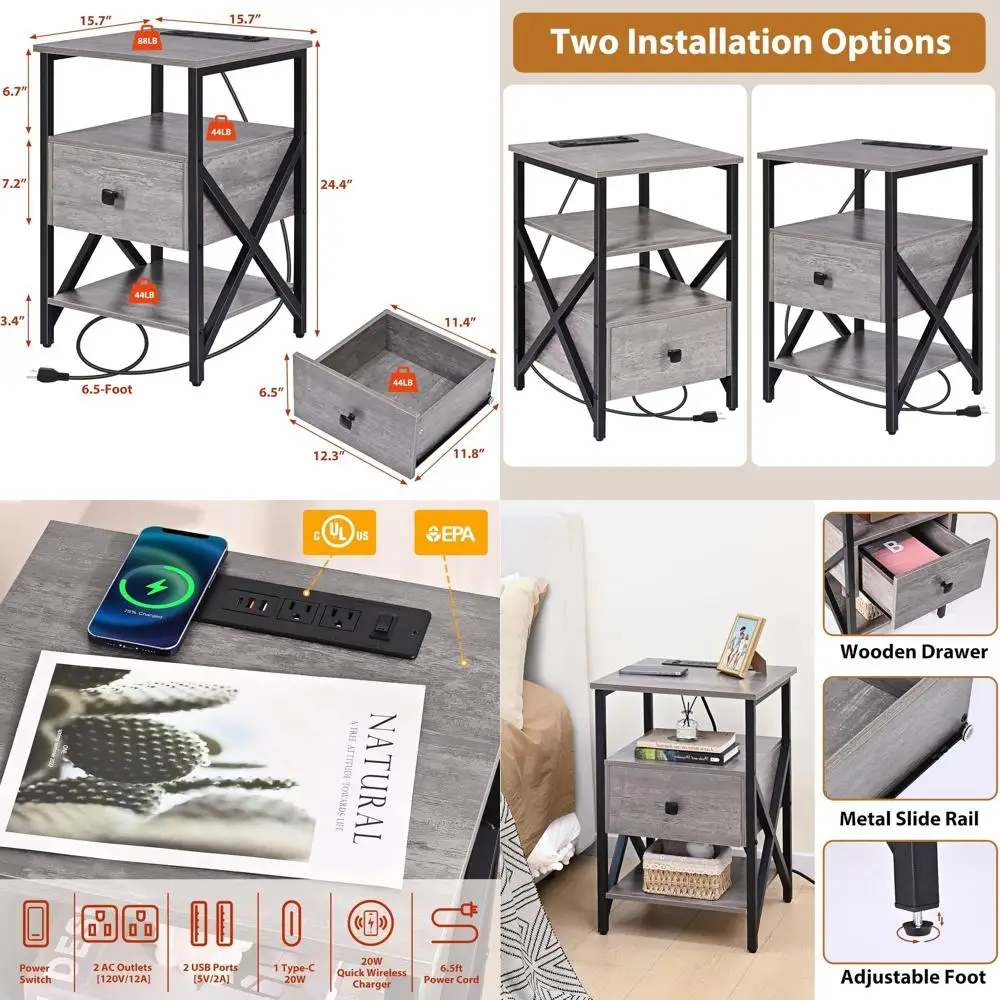 

Серые прикроватные столики-станции для зарядки с выдвижными ящиками для гостиной и спальни