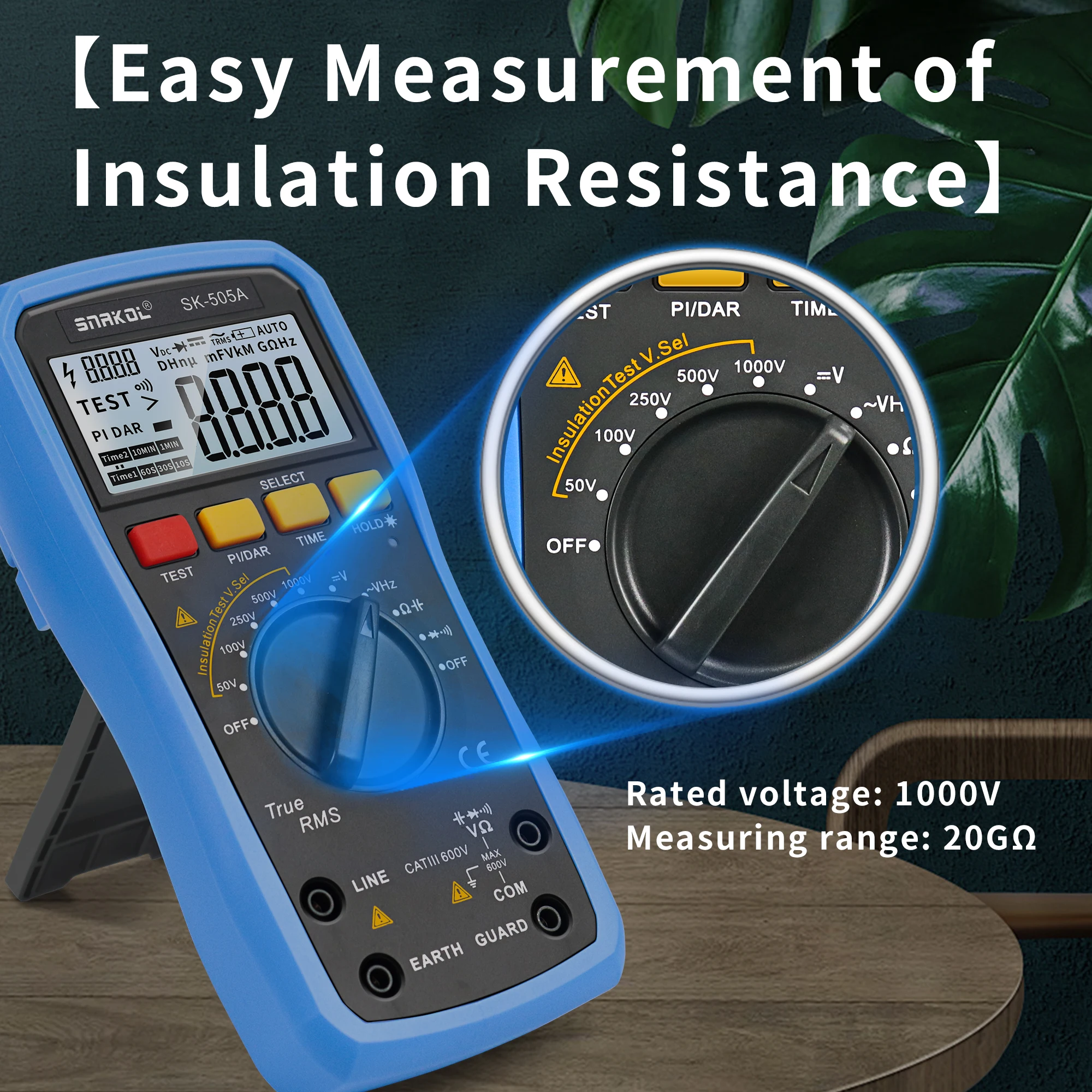 2-in-1 Digital Insulation Resistance Tester + Multimeter 50V-1000V/20GΩ Ω/Cap/Continuity PI/DAR Auto Range
