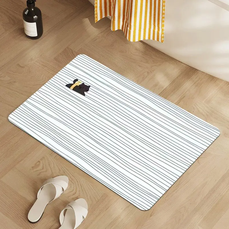 VIKAMA Striped Bath Mat Non-Slip Water Absorbent Cute Cat Line Pattern Rug For Bathroom Shower Entryway Bedroom Home Decor